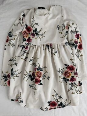 Floral Long-Sleeve Peplum Dress - White with Rose Print
